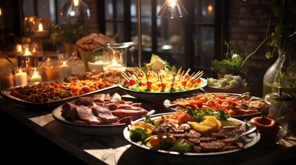 Obraz premium Catering buffet with food and grilled meat for event athmospheric light in restaurant ultra realistic photography