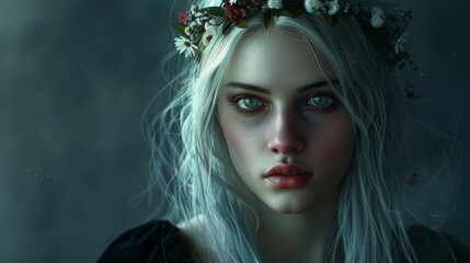 female vampire with light green eyes with long white hair.