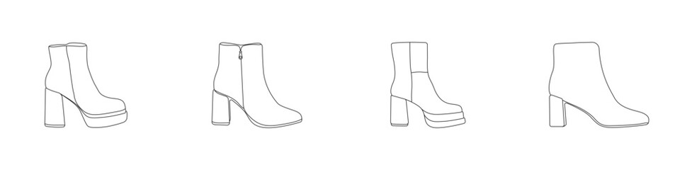 Linear shoes set vector. Women boots editable outline logo. Shoes for cool weather. Simple icons of shoes on a white background. Shoes on foot vector. Vector illustration.
