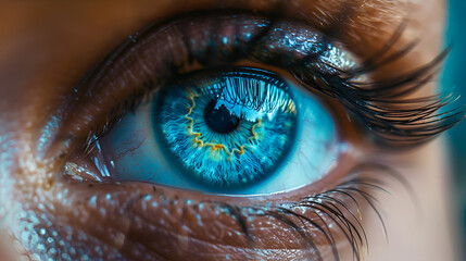  Close-Up of Person's Blue Eye with Long Eyelashes,
Close-up macro image of human eye with blue iris and desaturated skin
