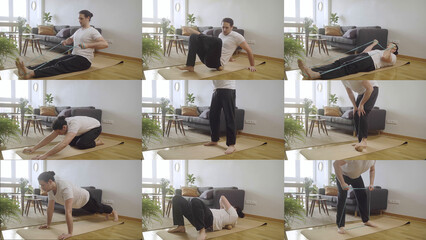 Collage image of young male doing workout at home