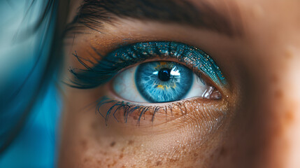  Close-Up of Person's Blue Eye with Long Eyelashes,
Bright blue female human eye tinted with blue shadows
