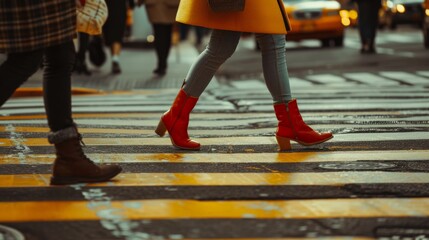 A person in red boots crossing a busy crosswalk in New York City.