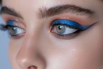 Close-up portrait of young beautiful woman with blue eyeshadow and makeup
