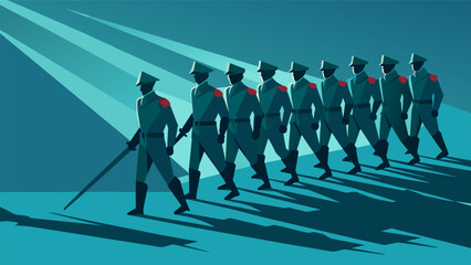 A group of soldiers march in formation their long shadows stretching out in front of them a visual representation of their powerful and intimidating.