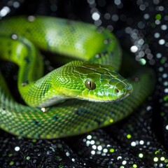 Fototapeta premium green snake on a background of black sequins.