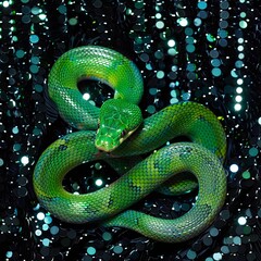 Fototapeta premium green snake on a background of black sequins.