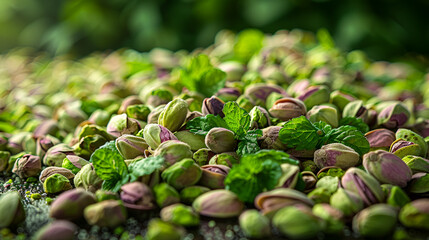 Close-Up of Pile of Green Pistachio Nuts ,
Illustration of A surrealistic image of a pile of unshelled pistachi
