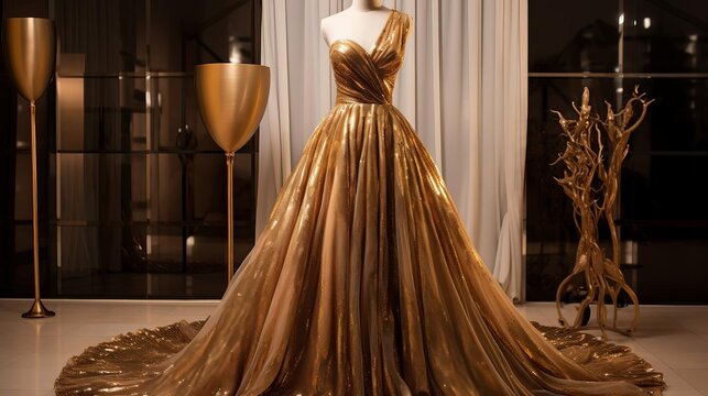 Elegant gold evening gown with shimmering sequins, designed for a glamorous red carpet event
