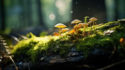 Macro view of goldenhued moss growing on a rock, illuminated by soft sunlight for a glowing natural contrast