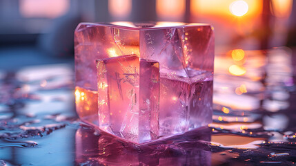 Close-Up of Violet Crystal Cube on Table,
Ice cubes on a purple background
