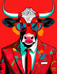 Digital illustration of a bull dressed in a suit and sunglasses, in a pop art and art deco artistic style, for interior decoration of modern rooms with vibrant colors