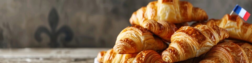 Bastille Day Celebration: Artistic Stack of Croissants with French Flags on Grey Backdrop