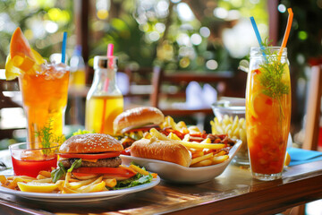 A vibrant display of fast food items including burgers, fries, and drinks on a table with a blurred background. - Powered by Adobe