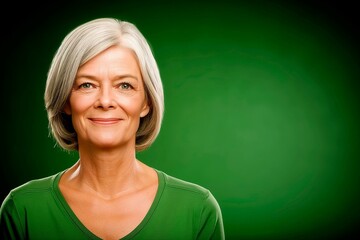 Portrait of a Mature Woman with a Confident Smile Against a Green Background