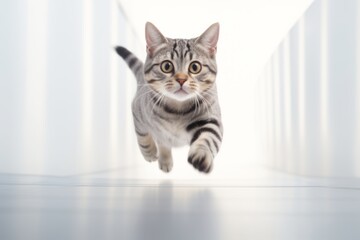 Environmental portrait photography of a happy american shorthair cat running on minimalist or empty room background