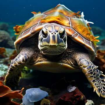 tortue marine prise dans les mailles dun filet de pche d la pollution des ocans,sea turtle swimming in a coral reef with colorful fish. Bright underwater colors during a snorkeling vacation.generate 
