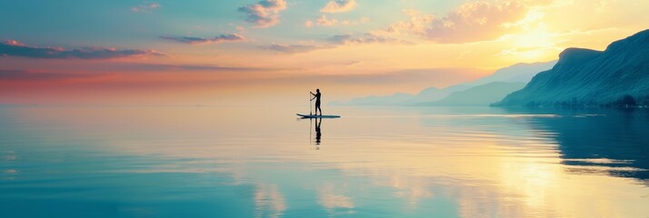 Fototapeta premium A tranquil scene of a person paddleboarding on calm waters with a beautiful sunset and hazy mountains background