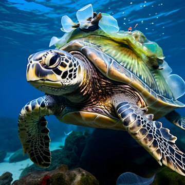 tortue marine prise dans les mailles dun filet de pche d la pollution des ocans,sea turtle swimming in a coral reef with colorful fish. Bright underwater colors during a snorkeling vacation.generate 
