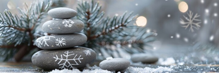 Festive Zen Pebble Stack with Winter Patterns for a Holiday Spa Concept