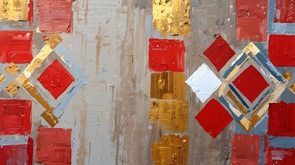 Oil painting with abstract geometric shapes in red, gray and gold colors in boho style using palette knife, art painting texture background

