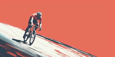 Intense illustration of a lone cyclist in motion, racing uphill against a stark, vibrant red backdrop