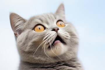 Close-up portrait photography of a smiling british shorthair cat whisker twitching isolated on minimalist or empty room background