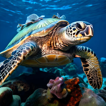 tortue marine prise dans les mailles dun filet de pche d la pollution des ocans,sea turtle swimming in a coral reef with colorful fish. Bright underwater colors during a snorkeling vacation.generate 
