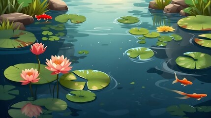 digital illustration Asian pond with plants, koi fish and water lily. Japanese garden top view. Flora and fauna, decorative nature lake vector illustration

