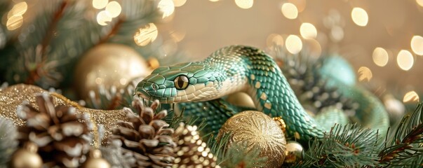 Fototapeta premium green snake on a background of gold sequins and branches of fir trees.