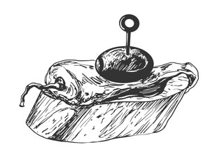 Sketch style spanish tapas isolated on white background. Engraving illustration of food appetizer. Black and white snack sandwich. Canape with with roasted peppers and olives. Finger food for party.