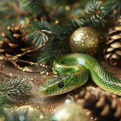 Fototapeta premium green snake on a background of gold sequins and branches of fir trees.