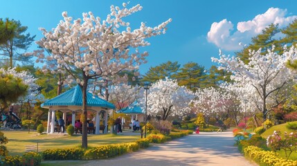 Springtime Joy: Families Enjoying Hanami Picnic Under Cherry Blossoms in Japanese Park