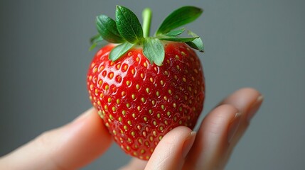 Obraz premium A close-up of a hand holding a fresh, ripe, red strawberry