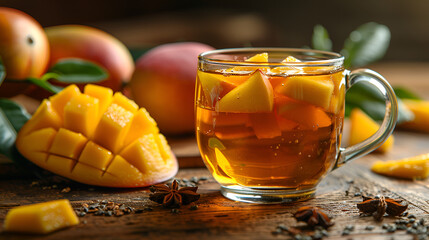 Delicious Mango Tea with Fresh Mango Slices on Rim,
Cold tea with lemon, mint and ice
