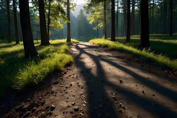 A scene in a forest, with sunshine penetrating through the canopy. A road meanders through a thick pine forest, allowing sunlight to stream through the trees and provide an enthralling display of shad