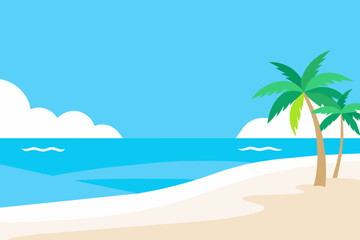 Tropical beach landscape with palm trees and ocean view. Serene coastal scene. Concept of travel, summer vacation, and peaceful beaches. Graphic illustration