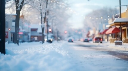 Small winter town. Snow-covered street with residential buildings and commercial lower floors. America peaceful landscape snow amazing winter sunset or morning scenery in residential houses