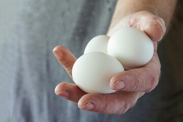 In the man's hand are three white chicken eggs.
