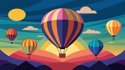 Obraz premium As the sun rose over the horizon the hot air balloon race began with vibrant balloons dotting the deep blue sky.. Vector illustration