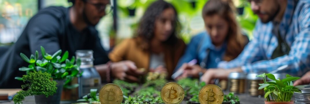 Diverse Young Entrepreneurs Discussing Sustainable Cryptocurrency in a Tech-Forward Office