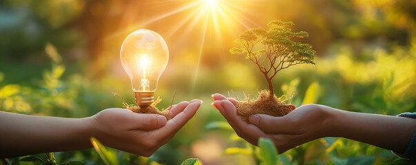 Two hands presenting a light bulb with a tree growing from it