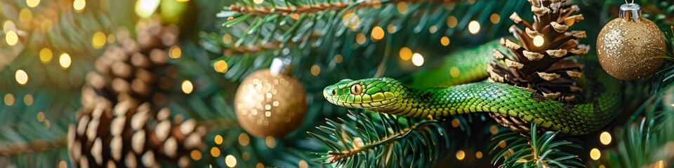 Fototapeta premium green snake on a background of gold sequins and branches of fir trees.