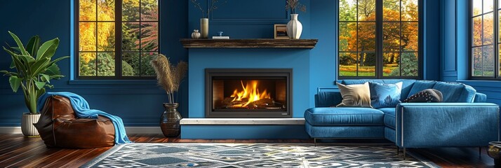 Tranquil fireside sanctuary with stylish blue wall finish