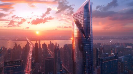 A 3D architectural visualization of a modern skyscraper with a futuristic facade, highlighted...