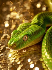 Fototapeta premium green snake on a background of gold sequins with space for text.
