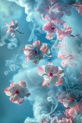 Fototapeta na wymiar Dreamy visualization of cherry blossoms drifting gently on a serene blue gradient backdrop