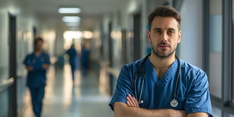 Image of a male nurse in scrubs standing assertively with his arms crossed in a hospital setting, symbolizing care and professionalism