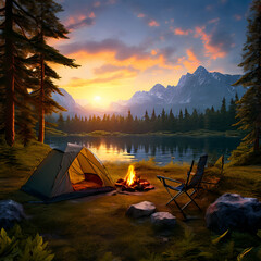 outdoor camping background,A picturesque camping site in nature with tents and campfire, forest, lake, mountain, generated by AI
