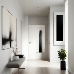 Interior design of a modern hallway in a minimalist Scandinavian style with a large painting on the wall